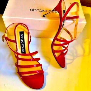 NWT SERGIO ROSSI Italy Godiva Steel Sandal Red Slingback Stiletto 7.5 MSRP $750